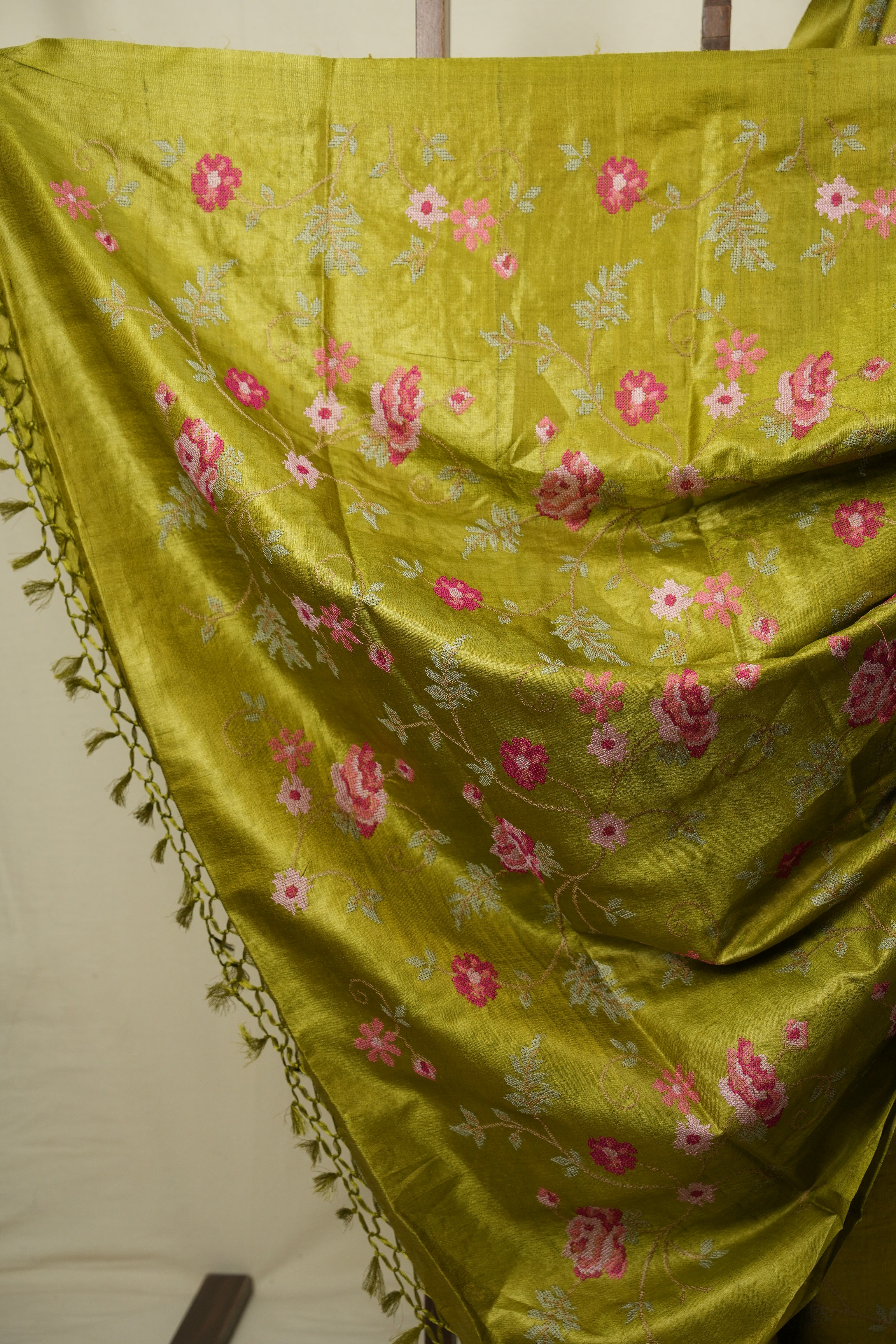 Mehendi Machine Embroidered Tussar Silk Saree - SRMMETSS1584