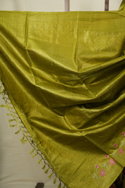 Mehendi Machine Embroidered Tussar Silk Saree - SRMMETSS1584