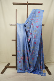 Blue Machine Embroidered Tussar Silk Saree - SRBMETSS1594