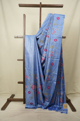 Blue Machine Embroidered Tussar Silk Saree - SRBMETSS1594
