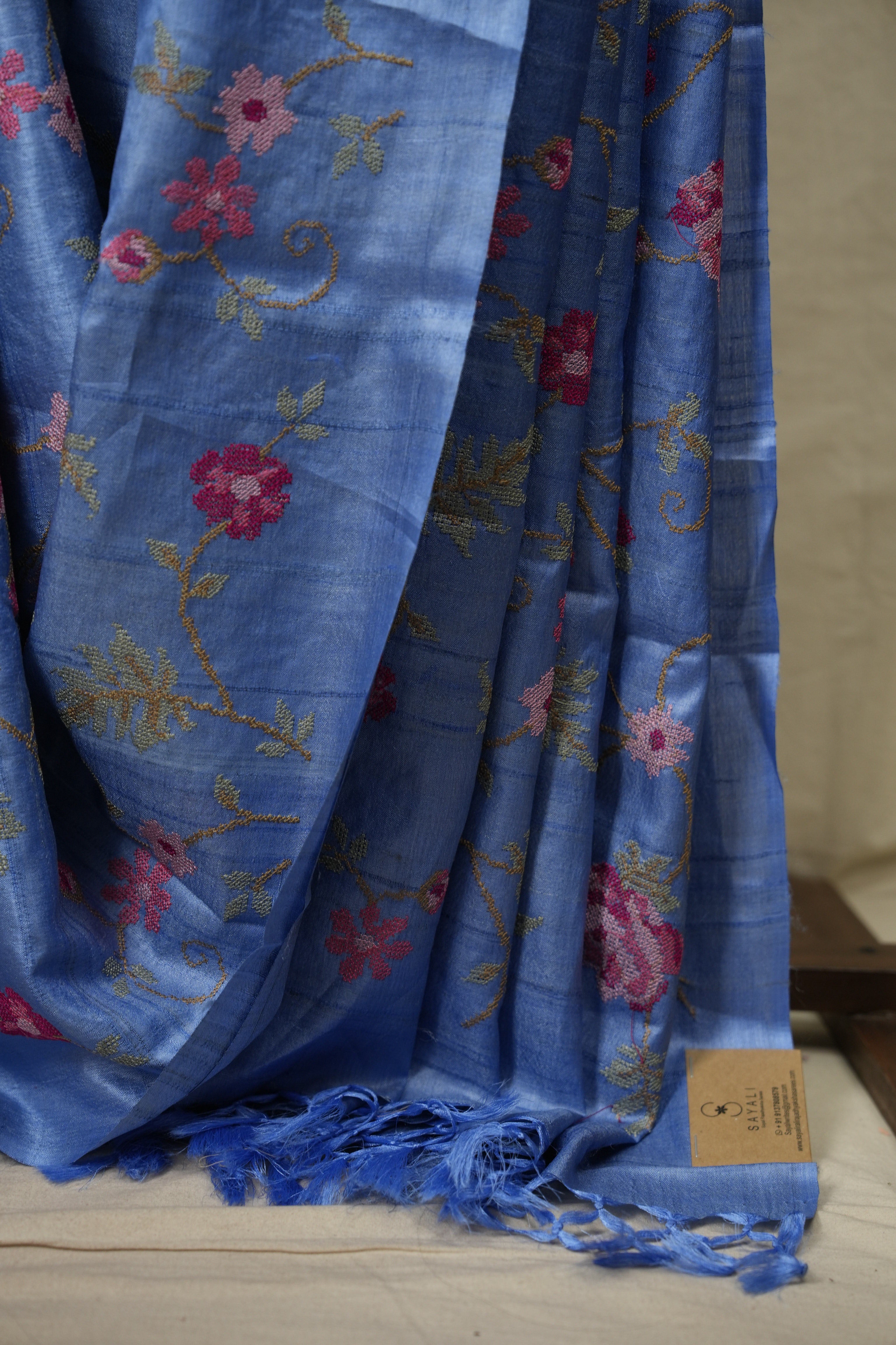 Blue Machine Embroidered Tussar Silk Saree - SRBMETSS1594