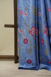 Blue Machine Embroidered Tussar Silk Saree - SRBMETSS1594