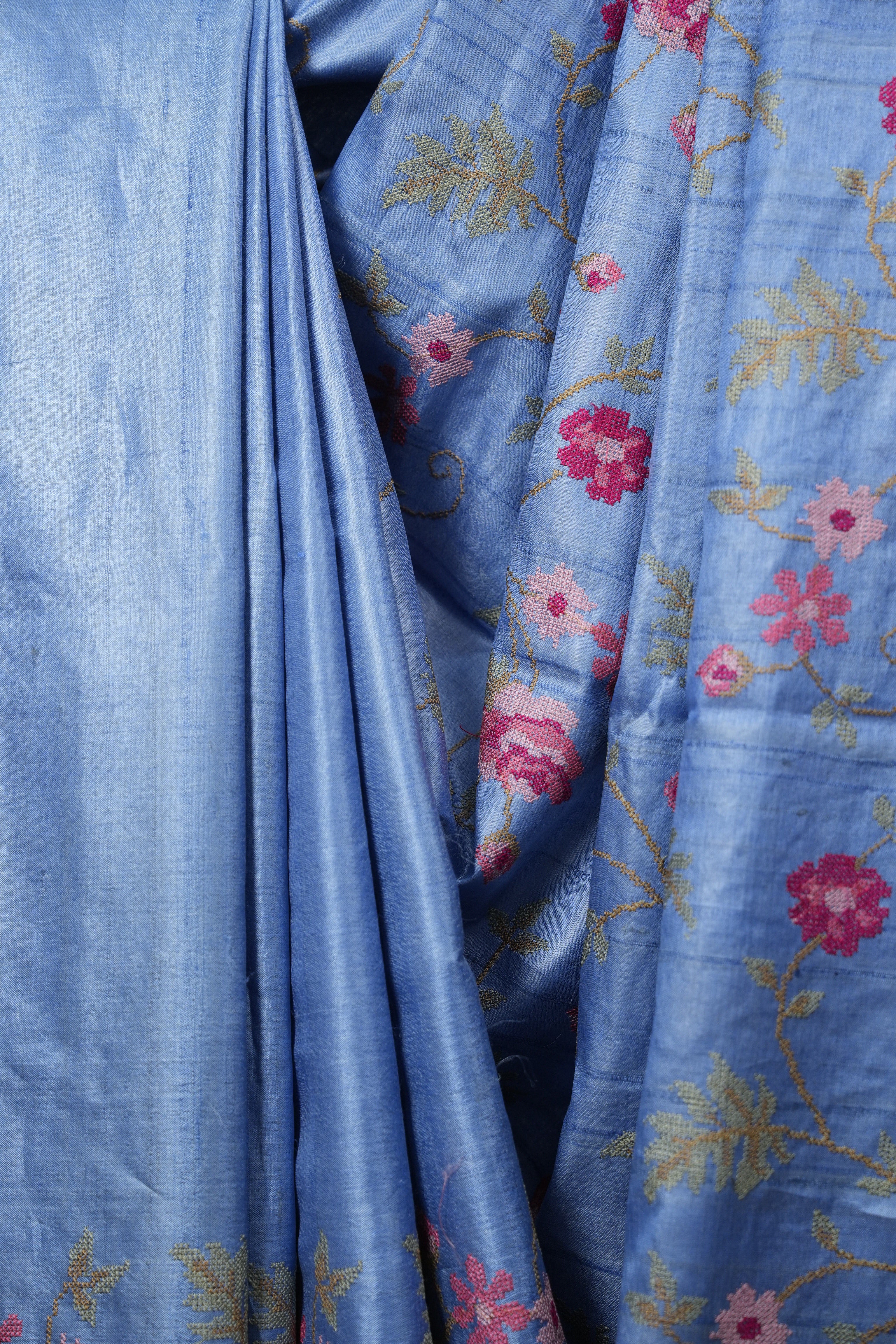 Blue Machine Embroidered Tussar Silk Saree - SRBMETSS1594