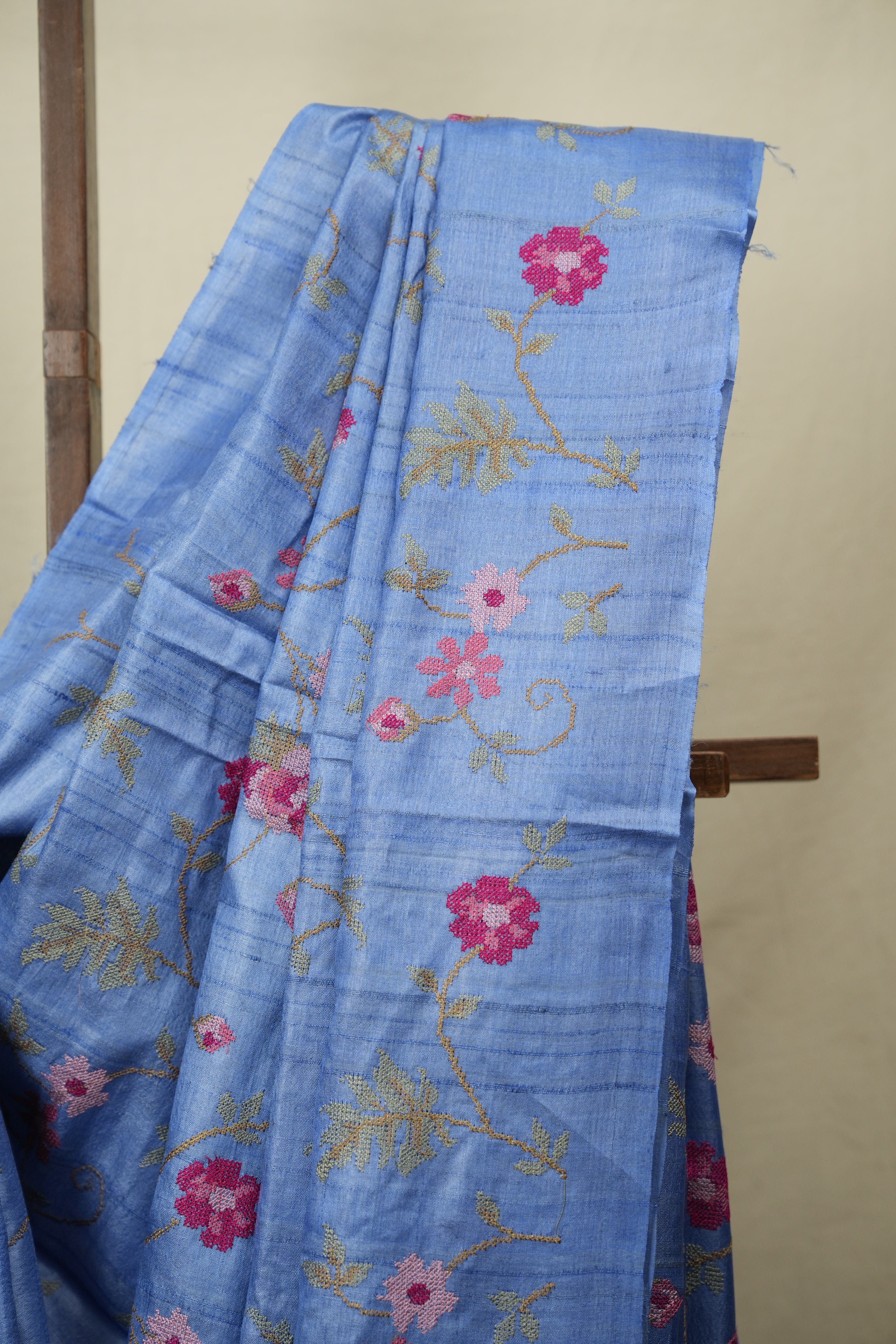 Blue Machine Embroidered Tussar Silk Saree - SRBMETSS1594