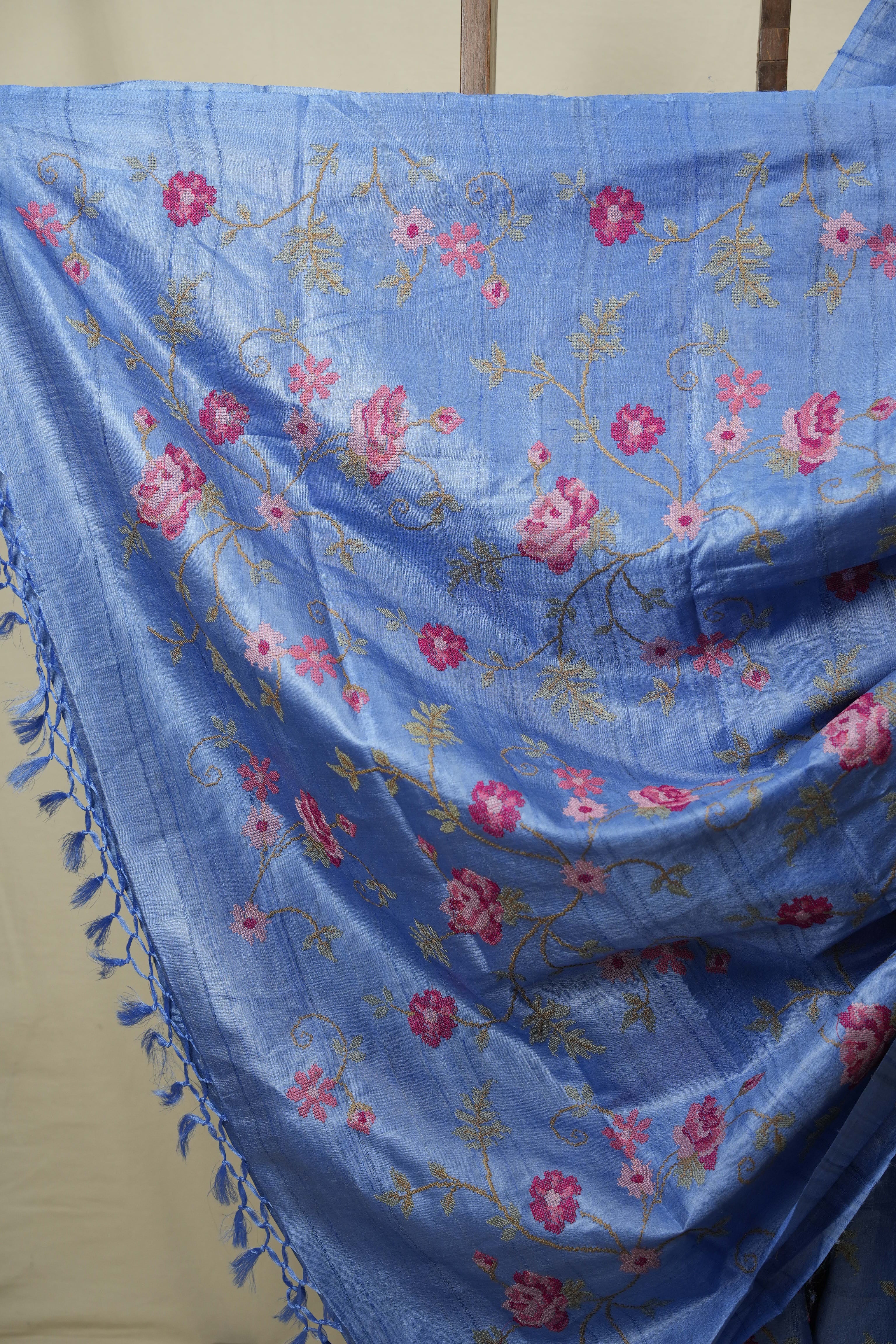 Blue Machine Embroidered Tussar Silk Saree - SRBMETSS1594