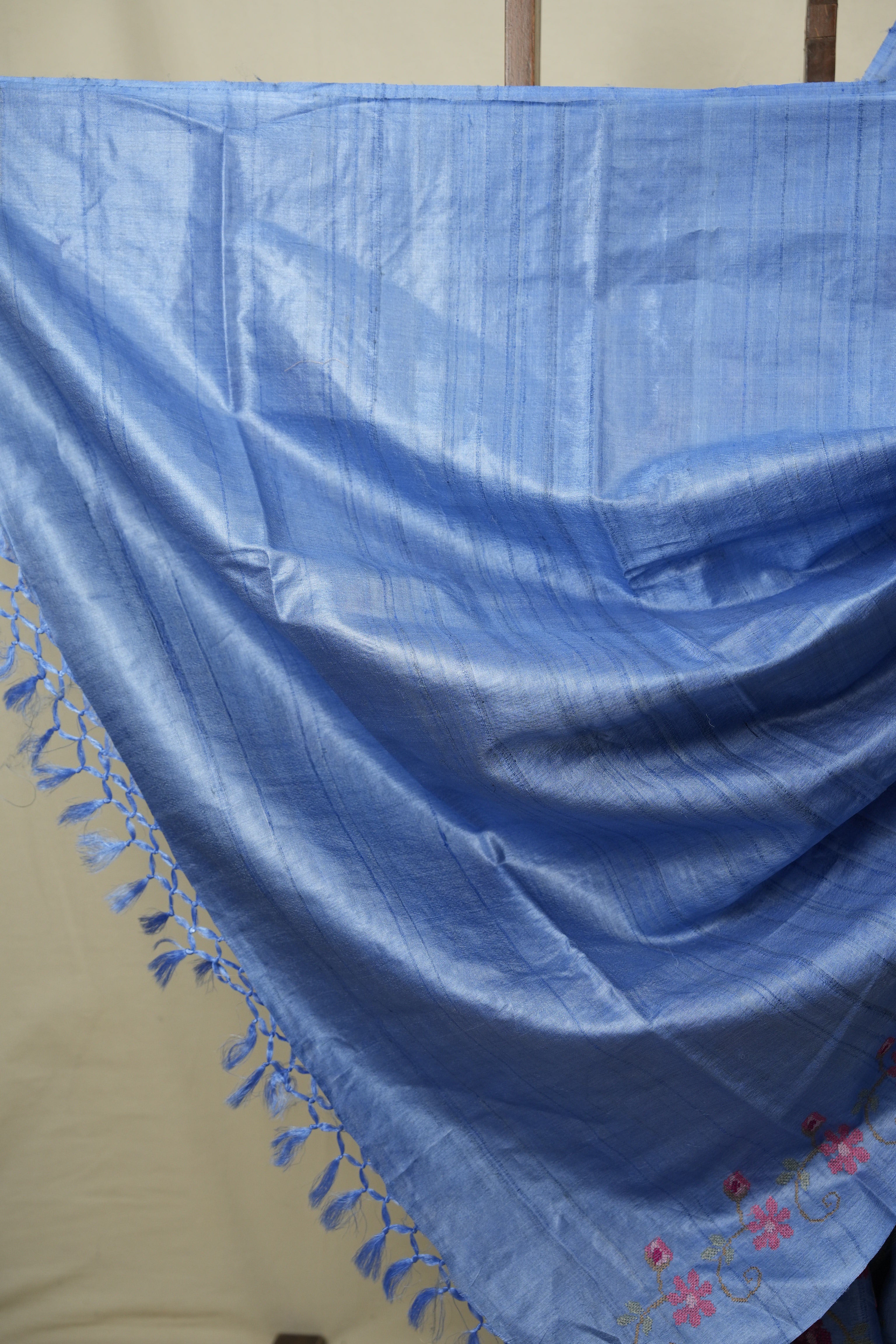 Blue Machine Embroidered Tussar Silk Saree - SRBMETSS1594