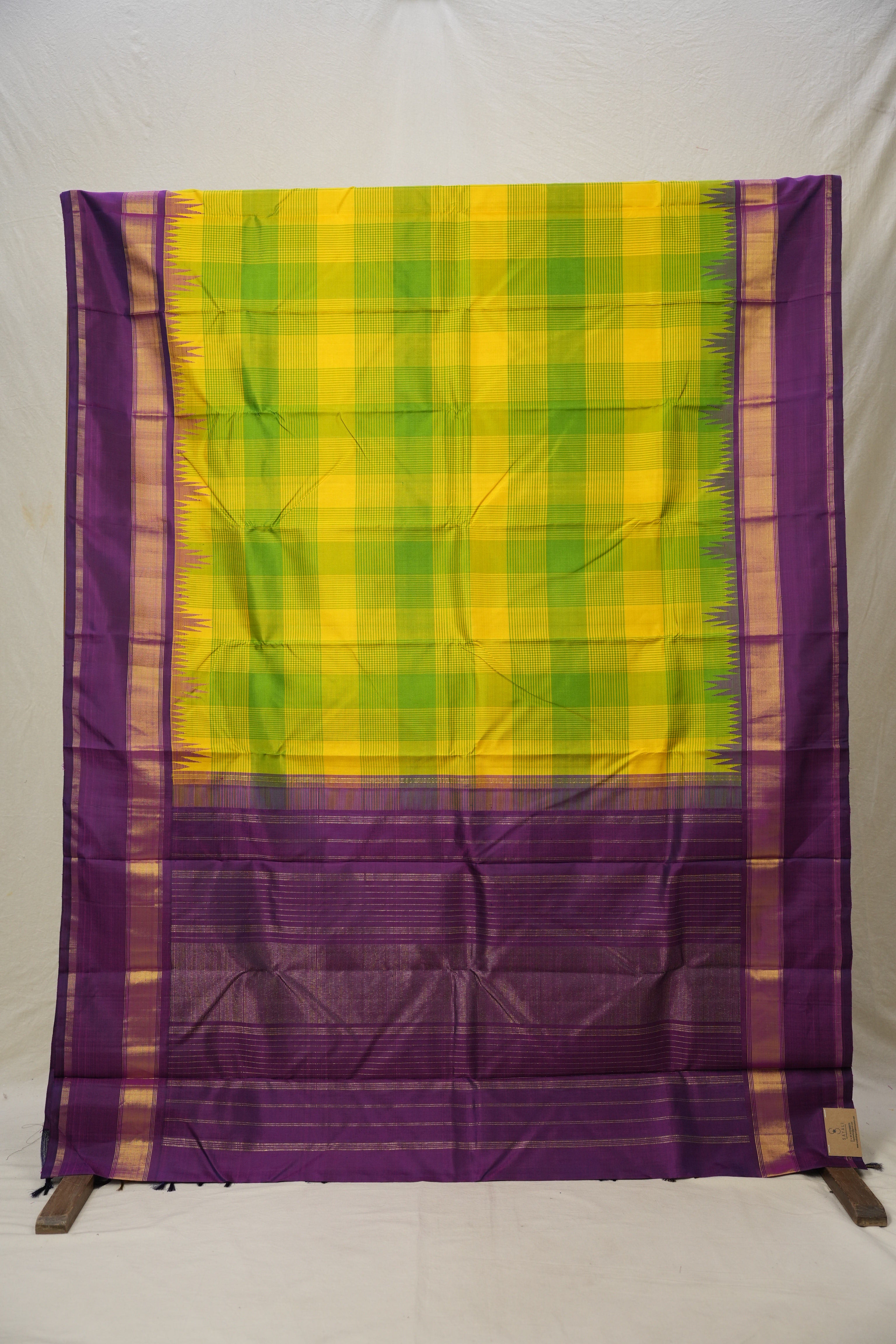 Yellow-Green Checks Kanjivaram Silk Saree - SRYGCKSS1014