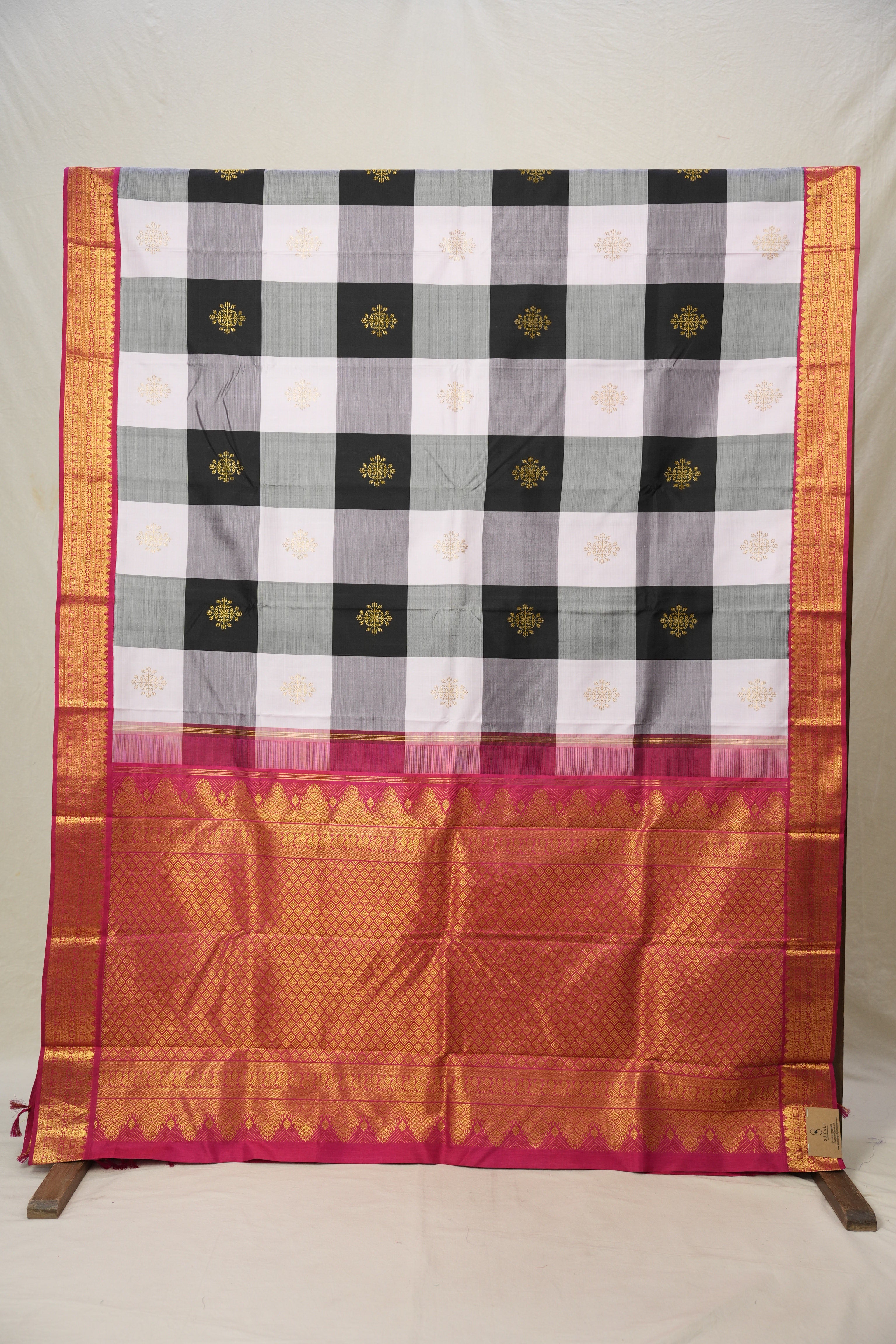 Black - Grey Checks Kanjivaram Silk Saree - SRBGCKSS1013