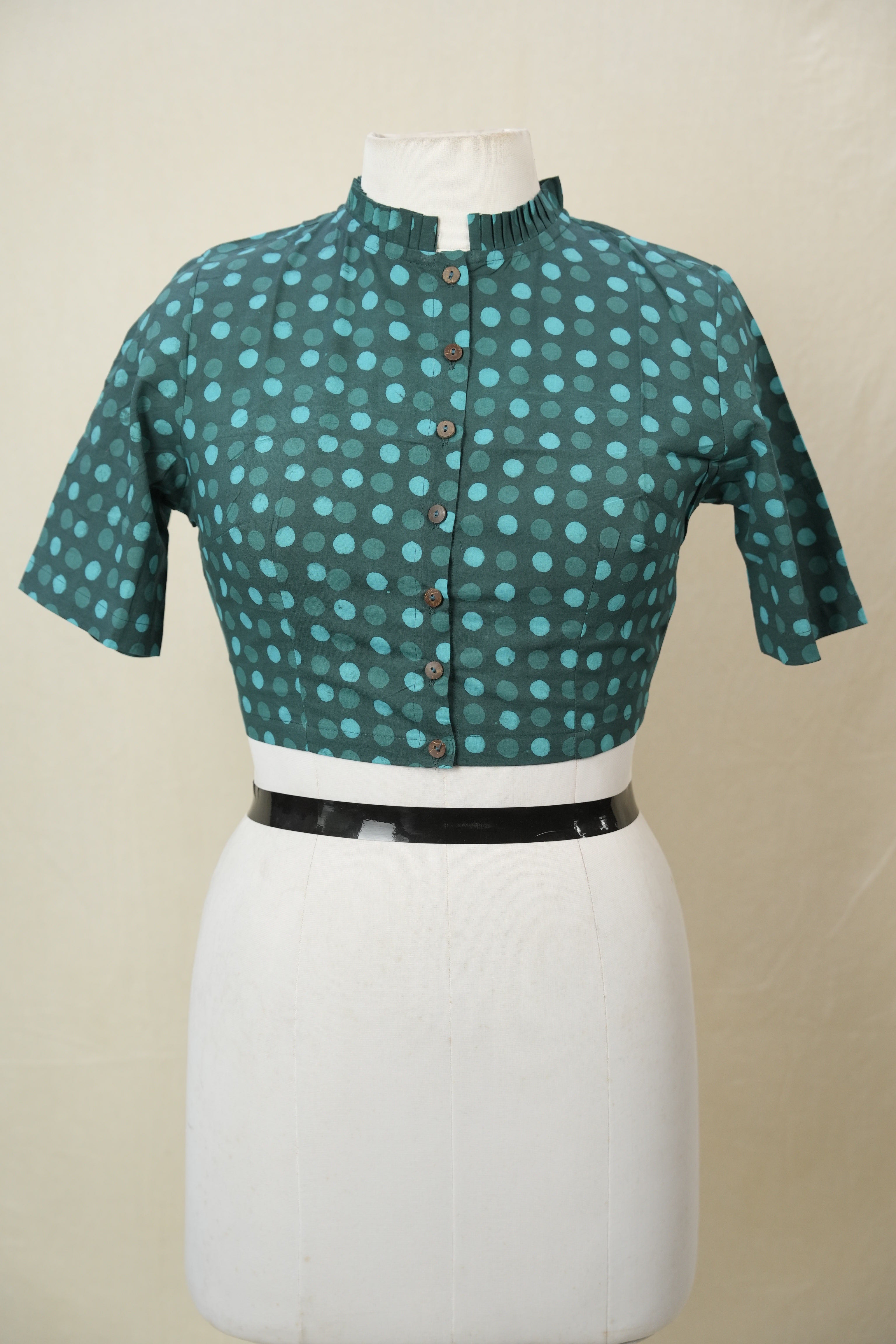 Teal Green Mandarin Ruffle Collar HBP Cotton Blouse - SRTGMRCB159