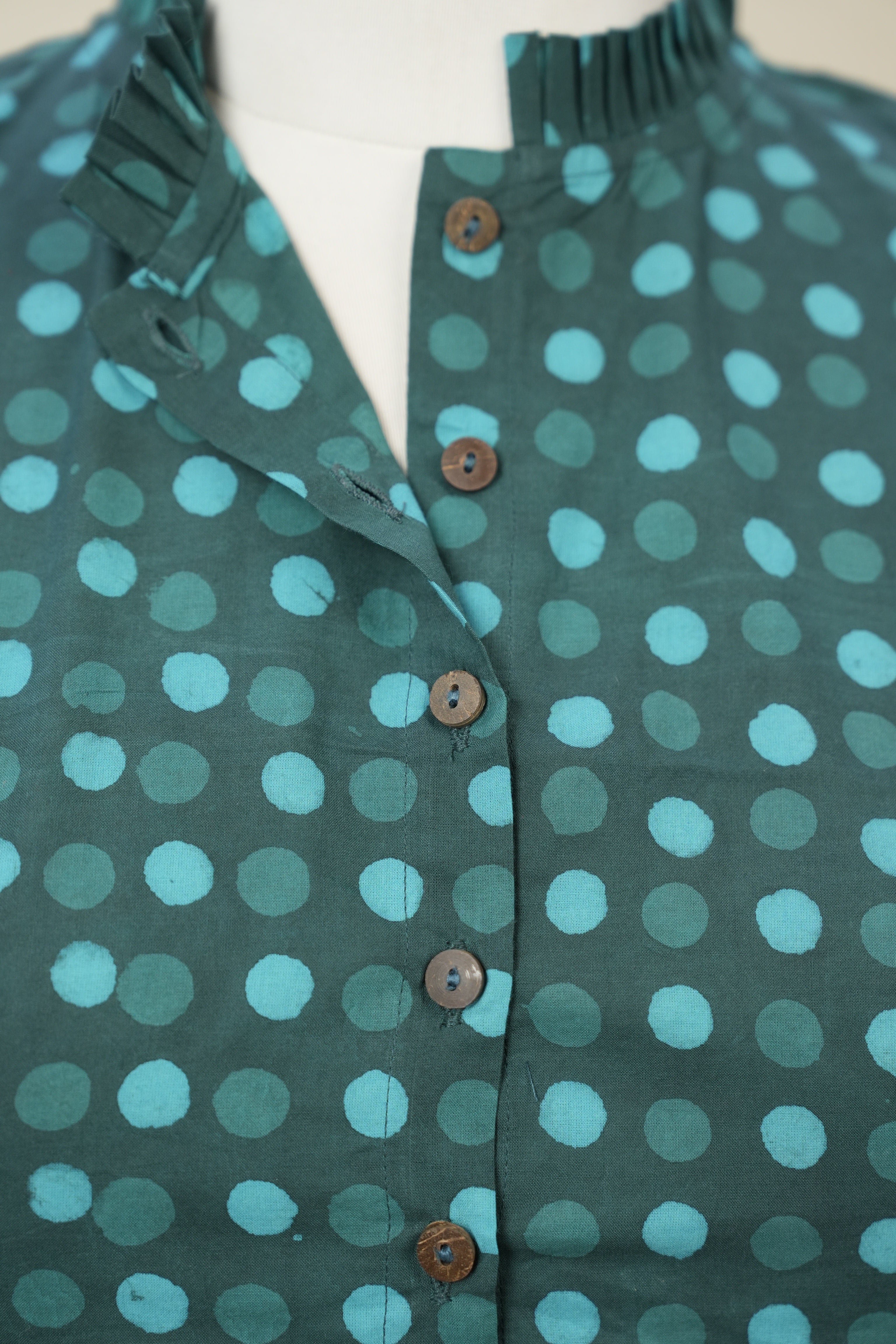 Teal Green Mandarin Ruffle Collar HBP Cotton Blouse - SRTGMRCB159