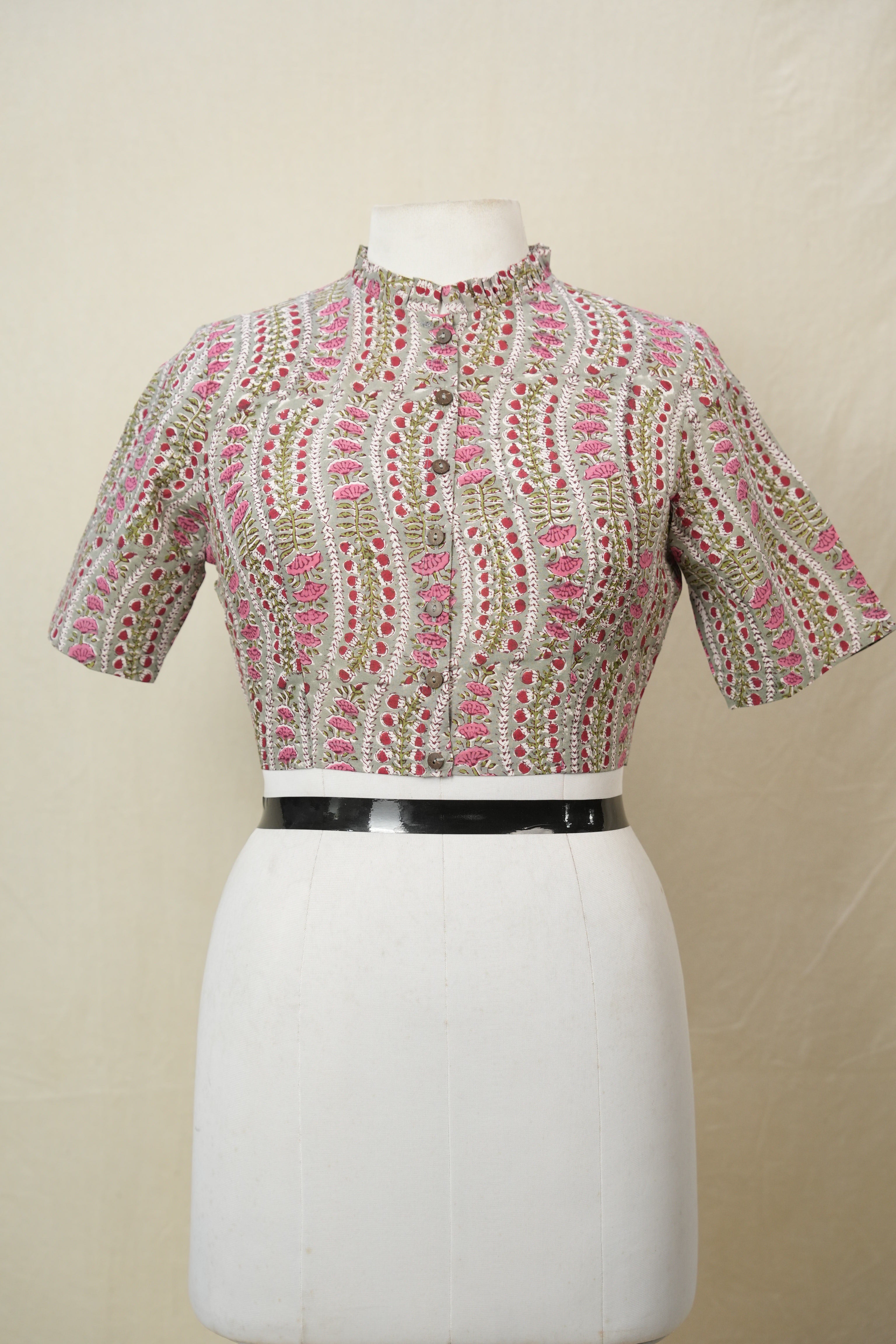 Greyish Green Mandarin Ruffle Collar HBP Cotton Blouse - SRGGMRCB158