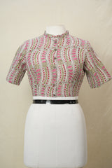 Greyish Green Mandarin Ruffle Collar HBP Cotton Blouse - SRGGMRCB158