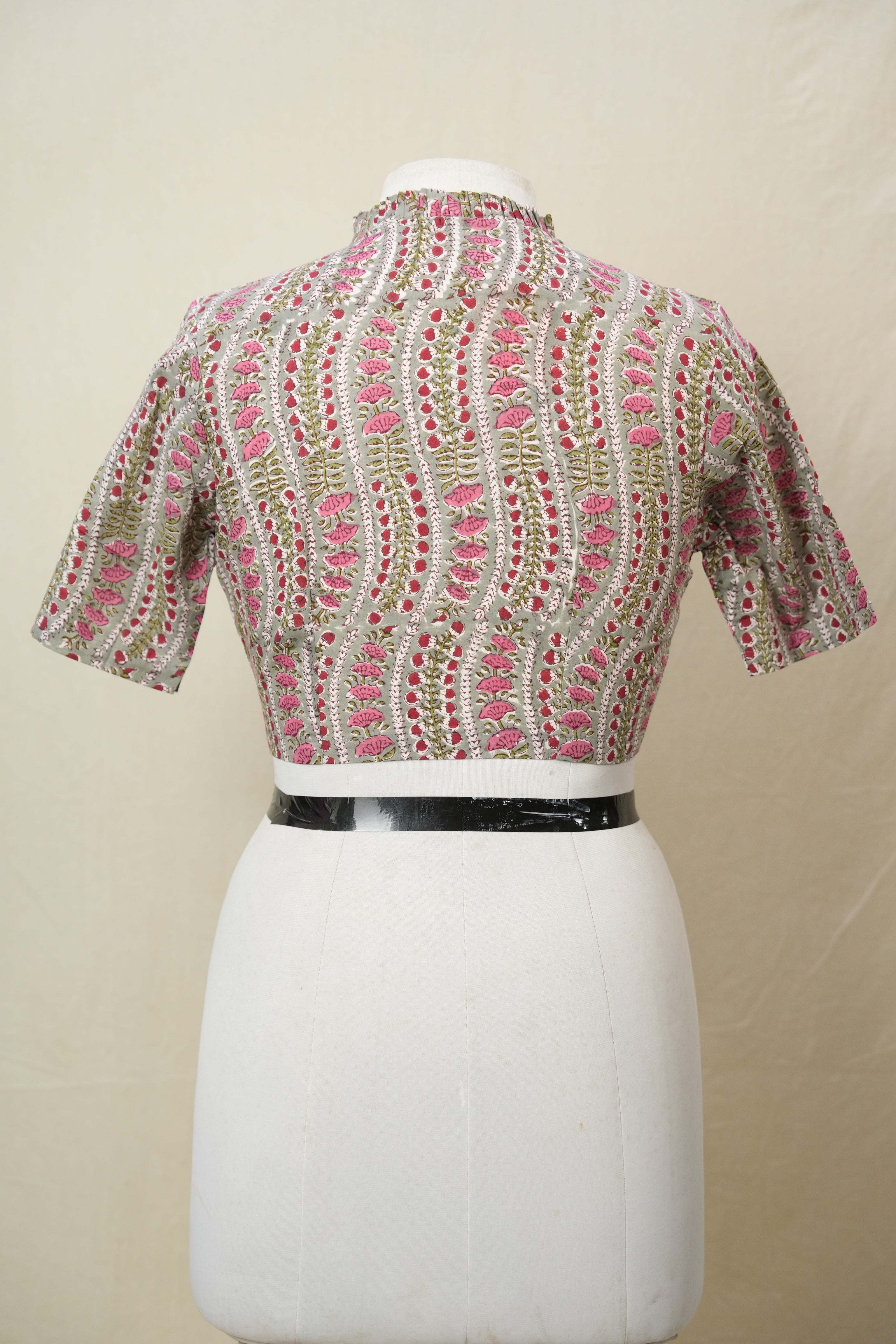 Greyish Green Mandarin Ruffle Collar HBP Cotton Blouse - SRGGMRCB158