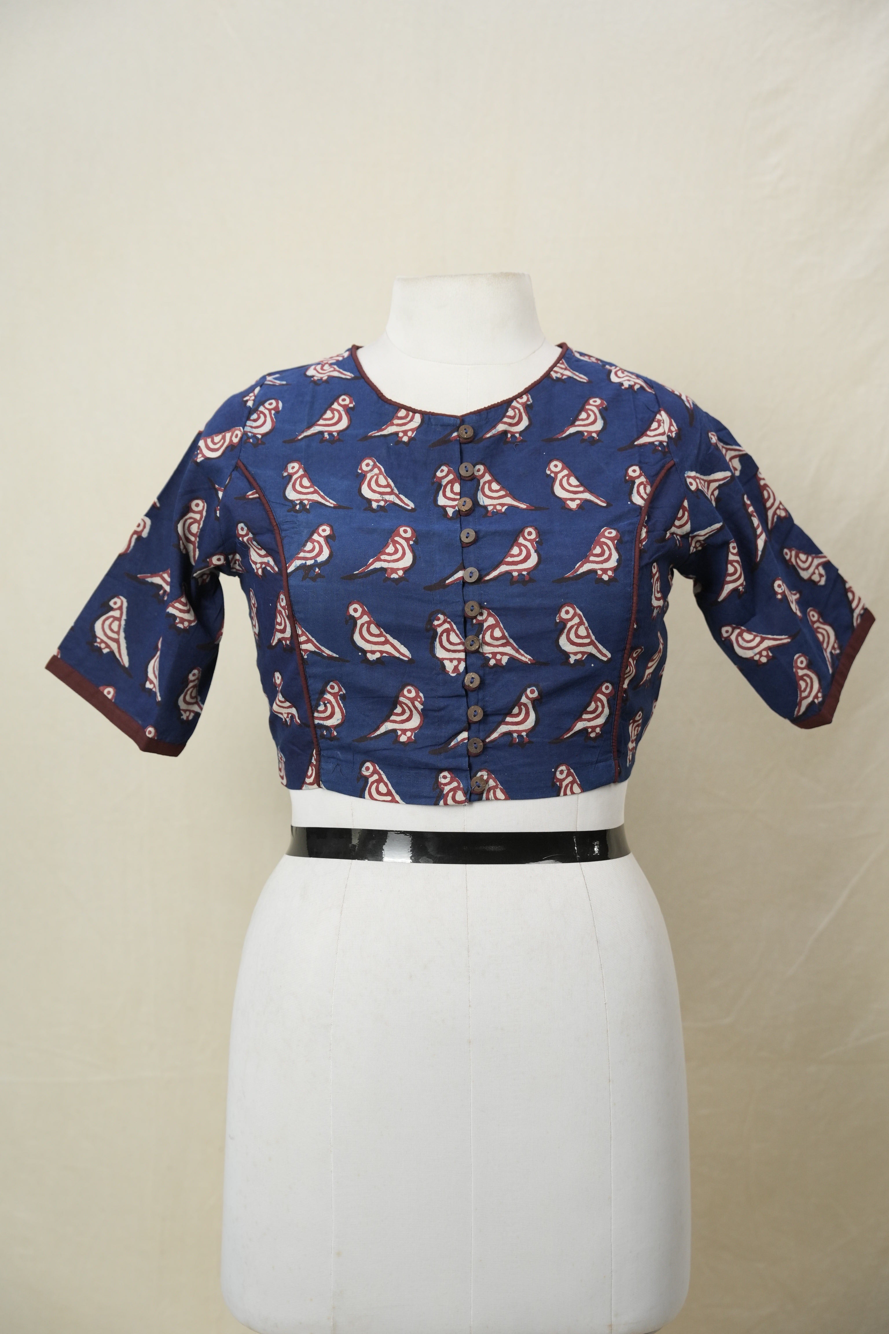 Dark Blue Boat Neck HBP Cotton Blouse With Wine Piping - SRDBBNCB184