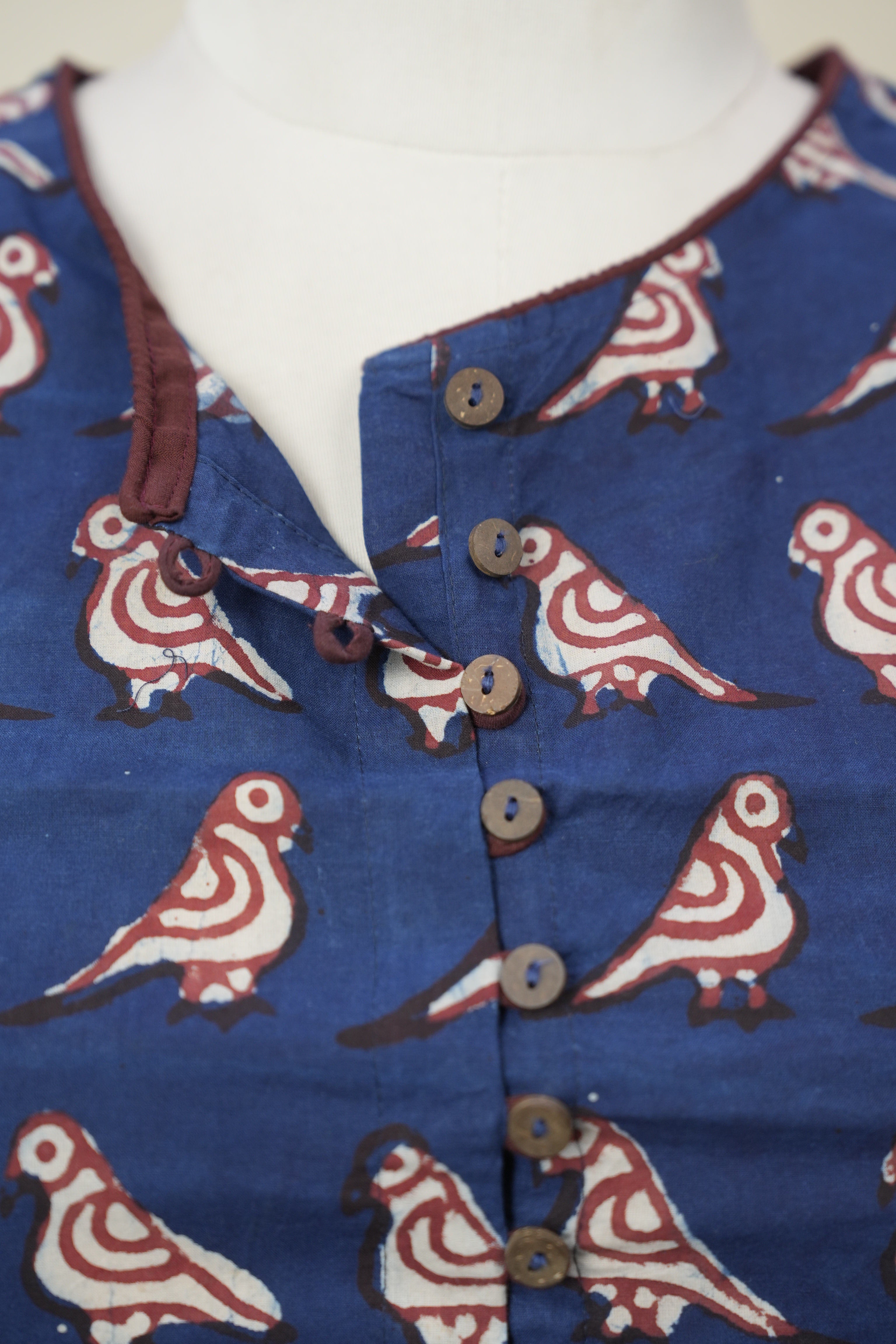 Dark Blue Boat Neck HBP Cotton Blouse With Wine Piping - SRDBBNCB184