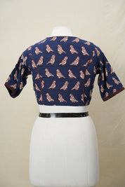 Dark Blue Boat Neck HBP Cotton Blouse With Wine Piping - SRDBBNCB184