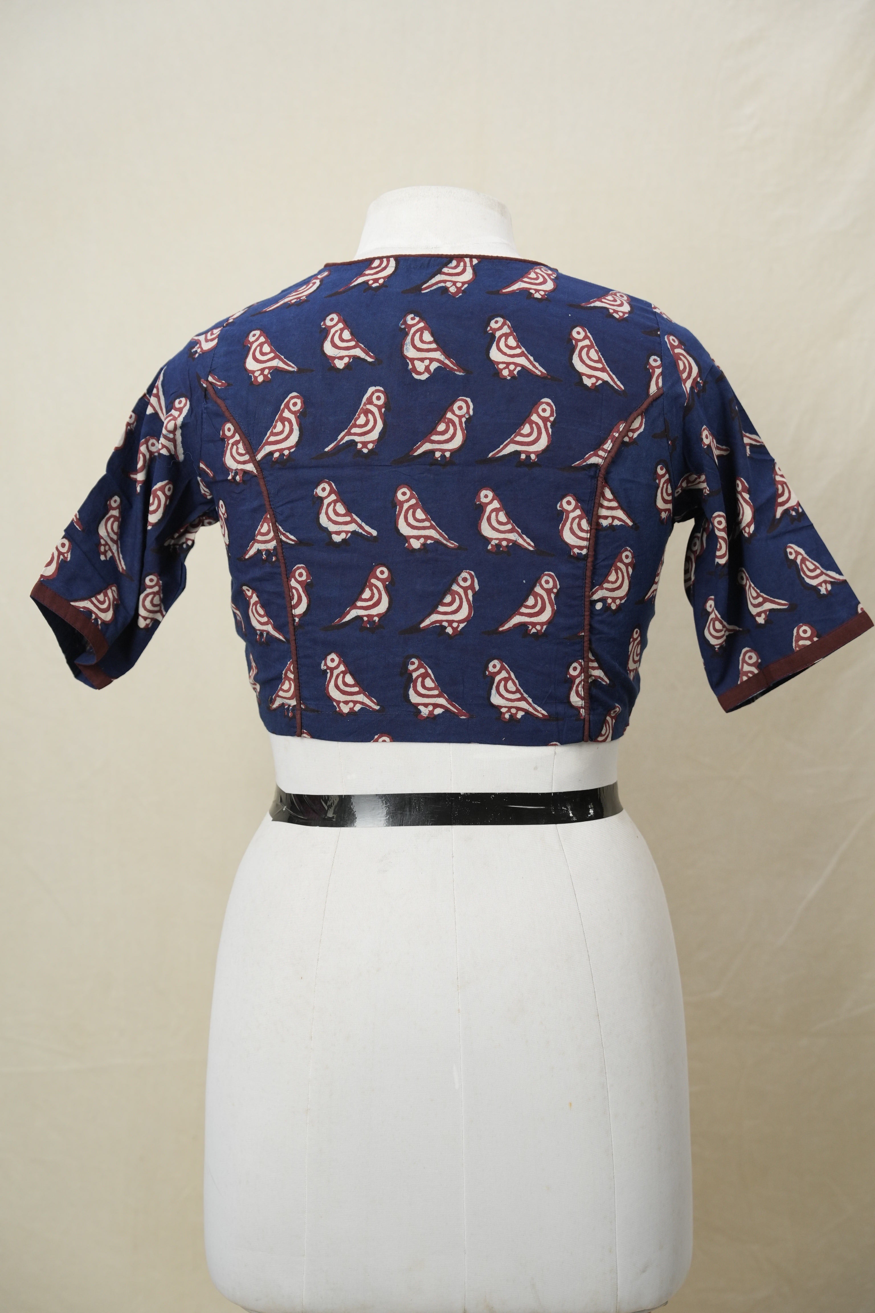 Dark Blue Boat Neck HBP Cotton Blouse With Wine Piping - SRDBBNCB184