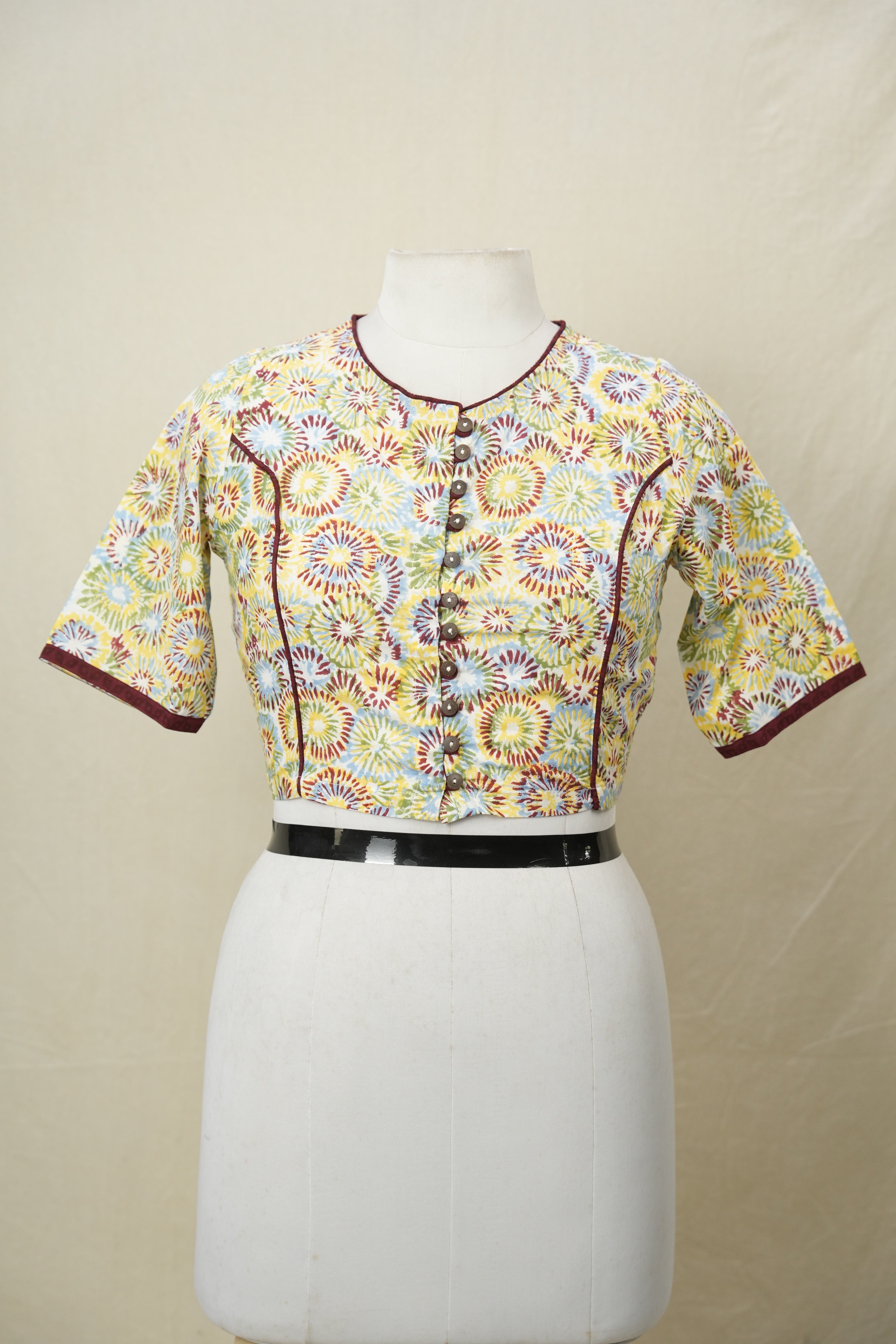 Multicolor Boat Neck HBP Cotton Blouse With Wine Piping - SRMBNCB183