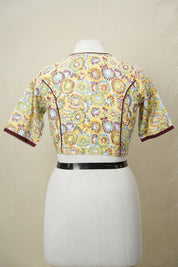 Multicolor Boat Neck HBP Cotton Blouse With Wine Piping - SRMBNCB183