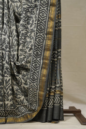 Off White Grey HBP Cotton Silk Saree With Maheshwari Border - SROWGCSS1359