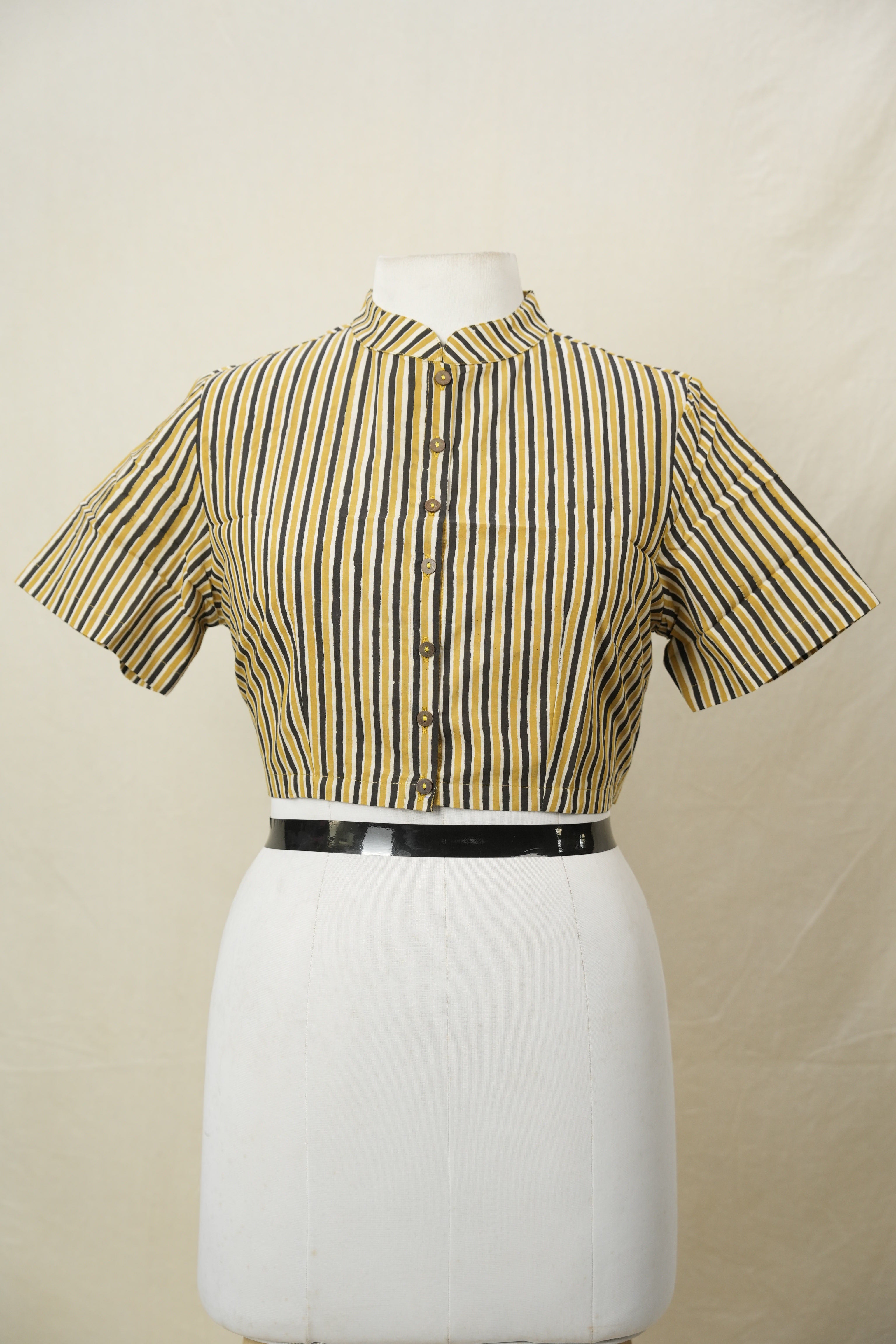 Mustard Yellow Black Stand Collar HBP Cotton Blouse - SRMYBSCCB176