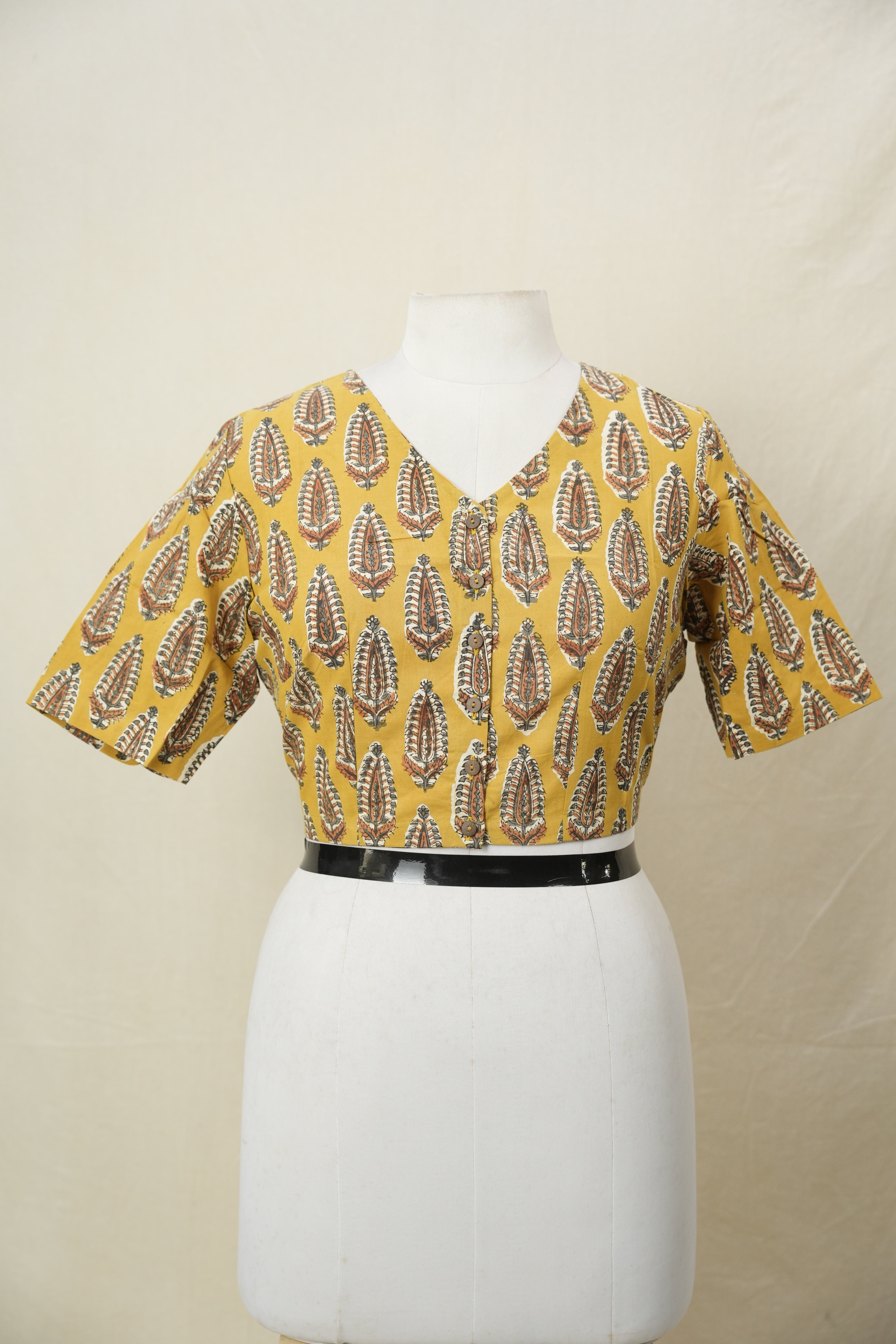 Mustard Yellow HBP Cotton V-Neck Blouse - SRMYCVNB175