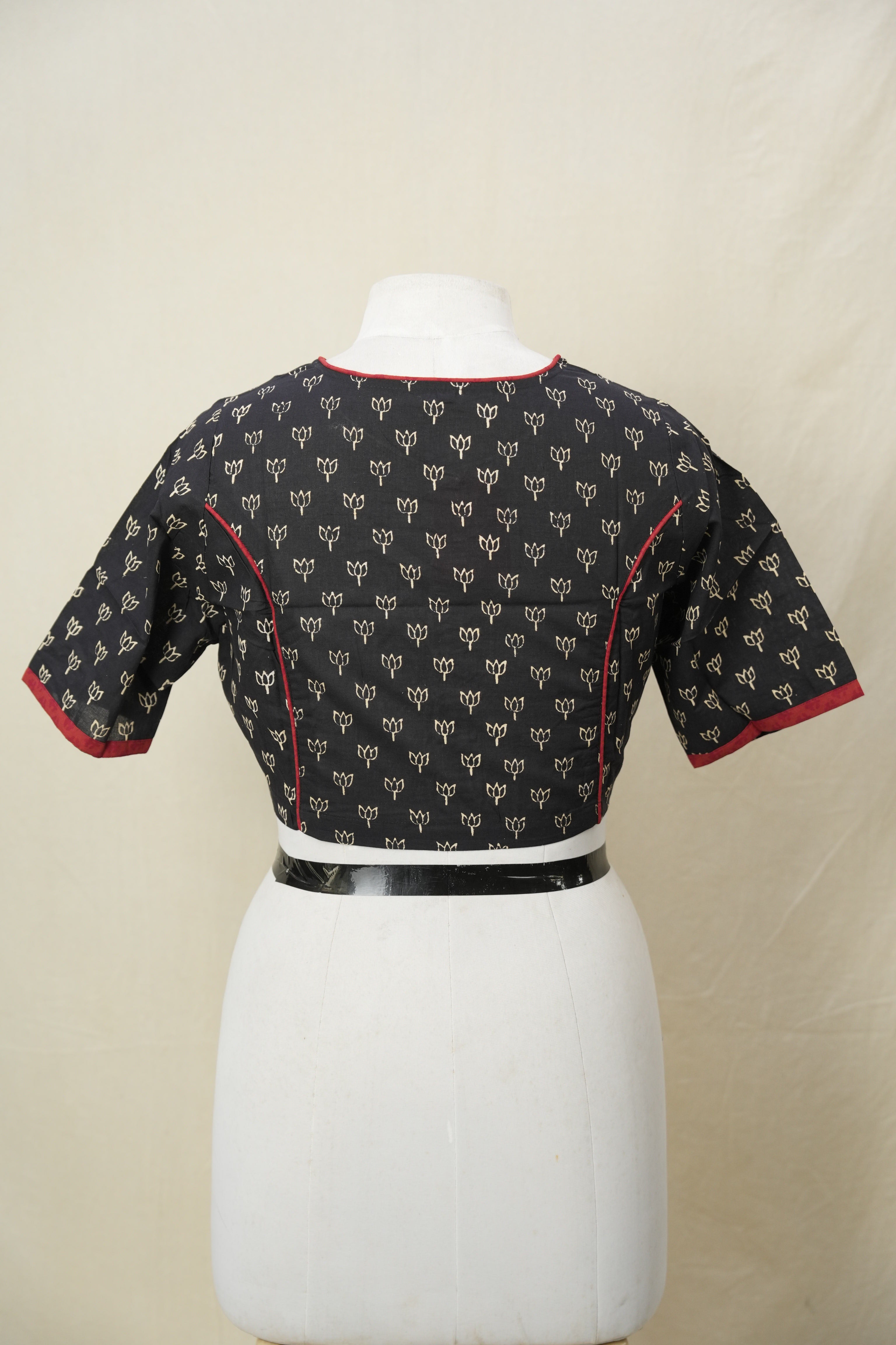Black Boat Neck HBP Cotton Blouse With Red Piping - SRBBNCB170