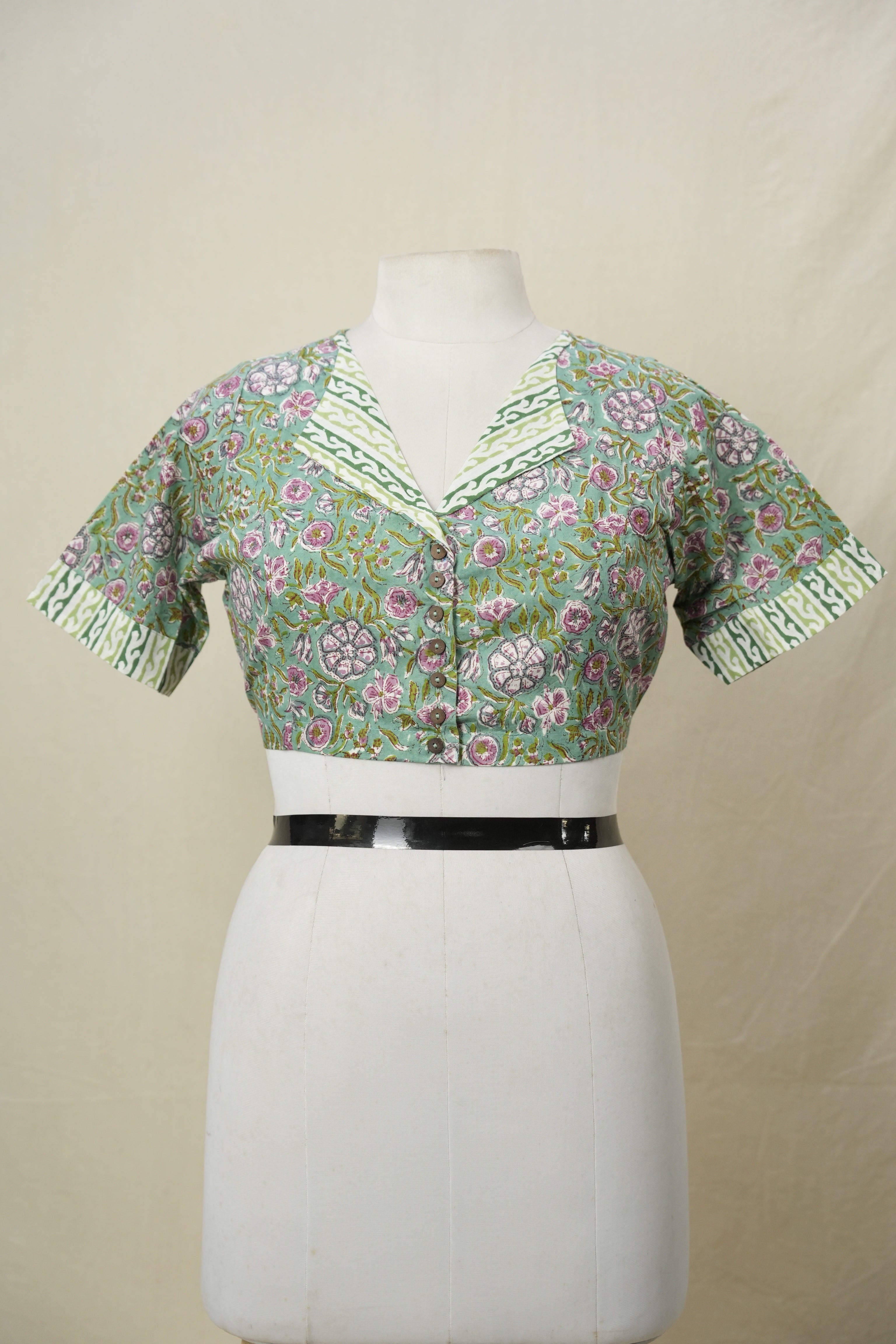 Green Coat Collar HBP Cotton Blouse - SRGCCCB167