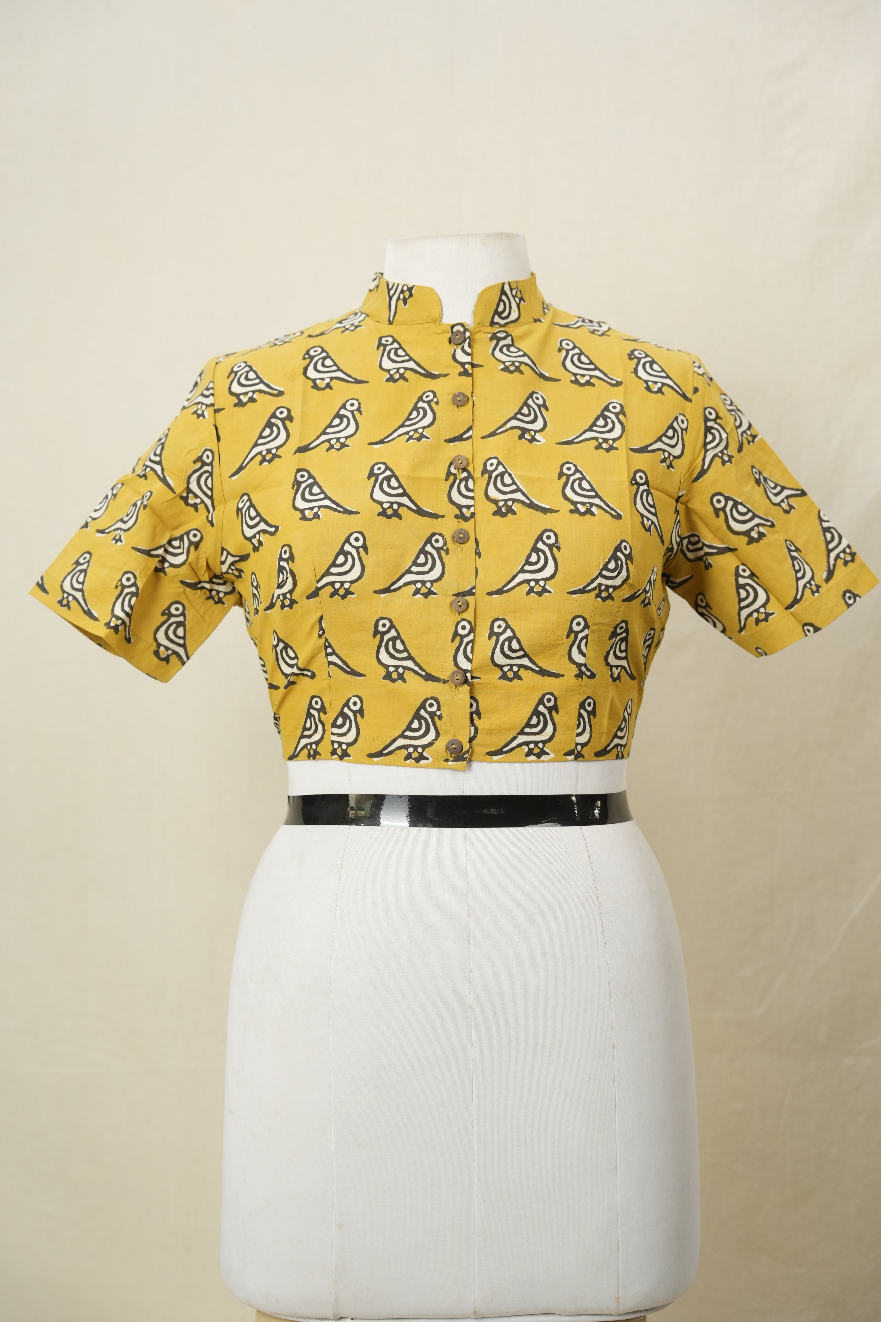 Mustard Yellow Stand Collar HBP Cotton Blouse - SRMYSCCB165