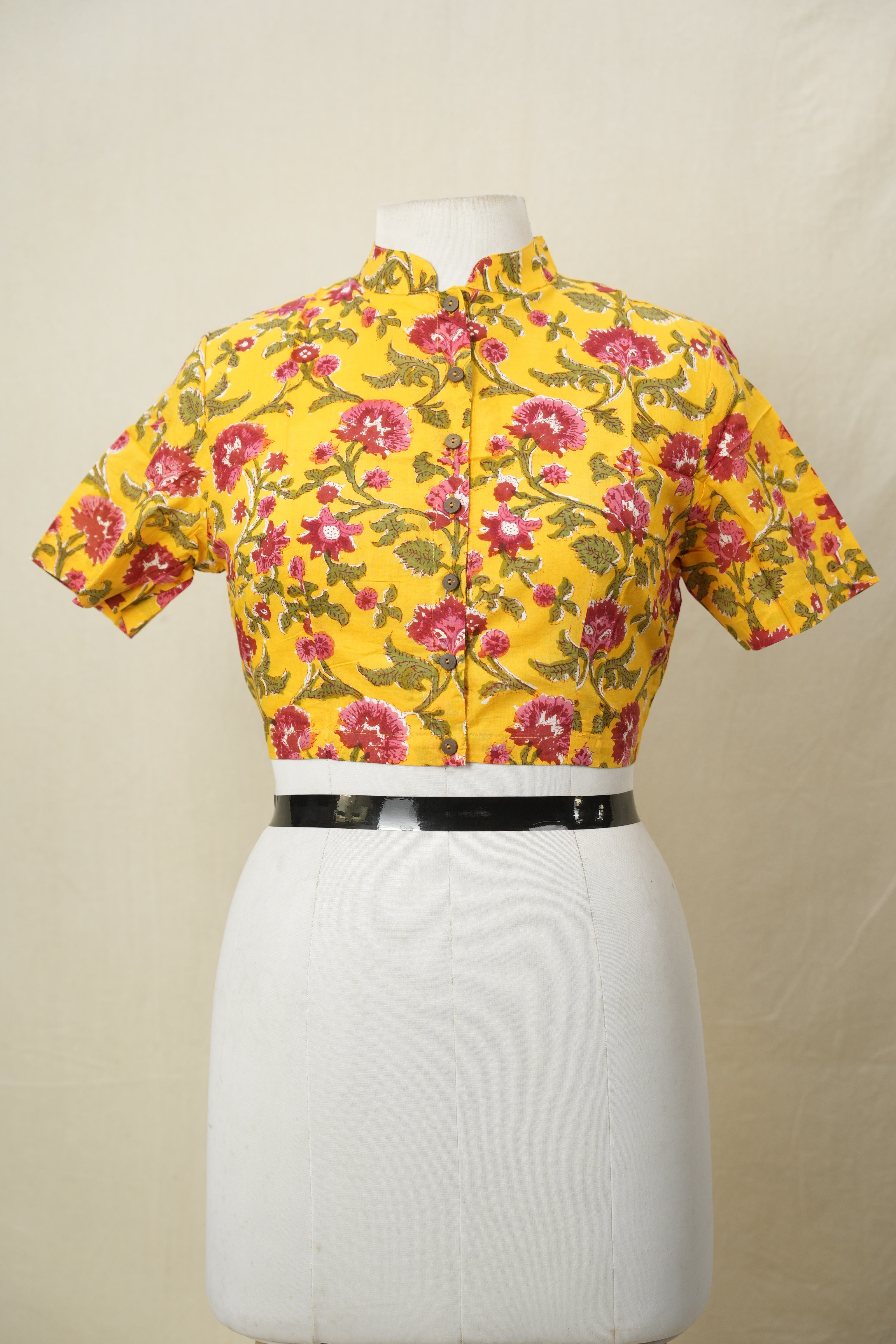 Yellow Stand Collar HBP Cotton Blouse - SRYSCCB166