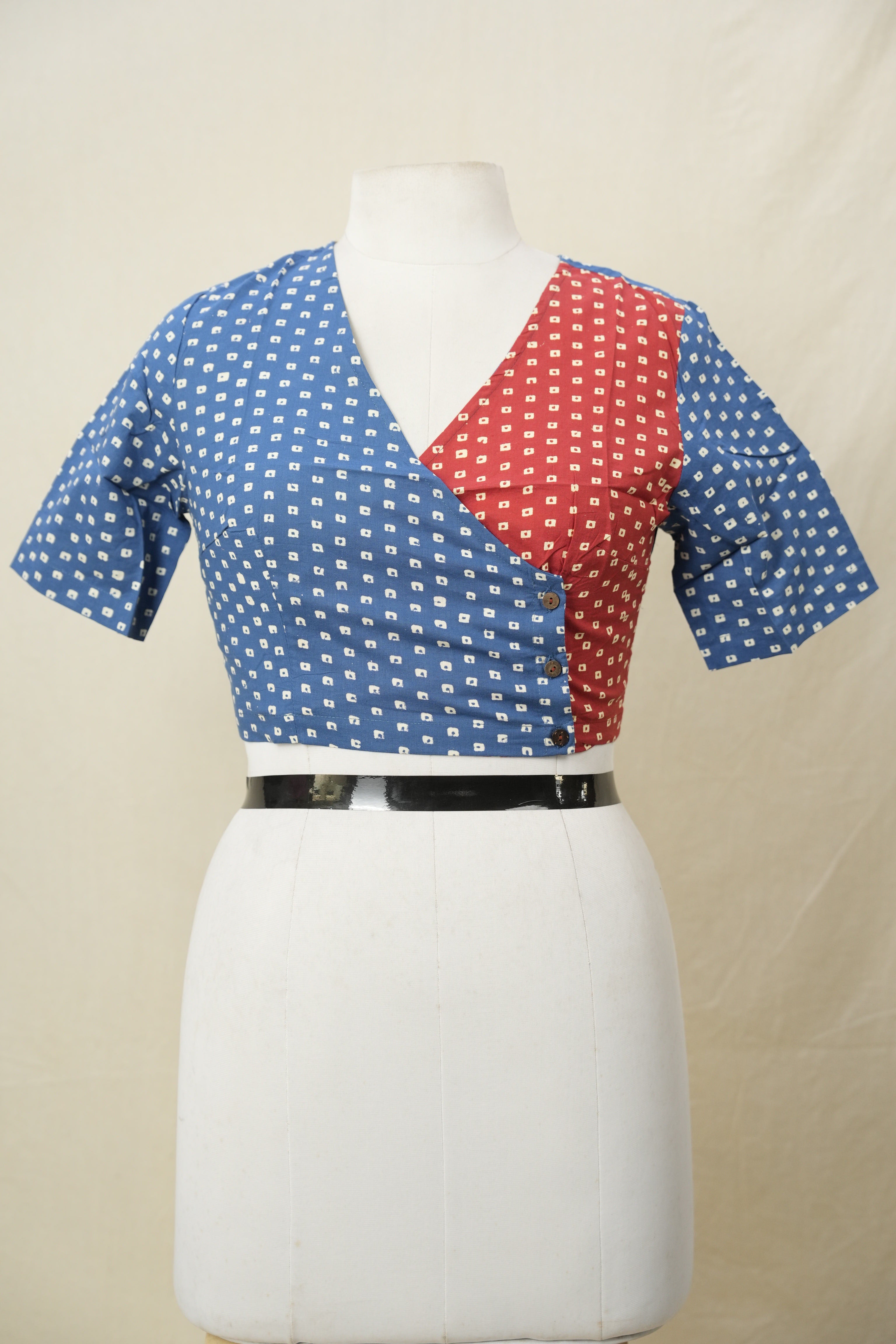 Blue Red HBP Cotton Angarakha Neck Blouse - SRBRCANB178