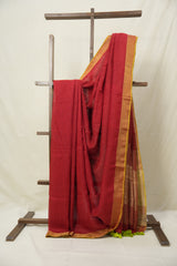 Red Plain Linen Saree With Green Tassels - SRRPLS526
