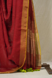 Red Plain Linen Saree With Green Tassels - SRRPLS526