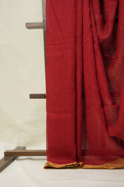Red Plain Linen Saree With Green Tassels - SRRPLS526