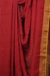 Red Plain Linen Saree With Green Tassels - SRRPLS526