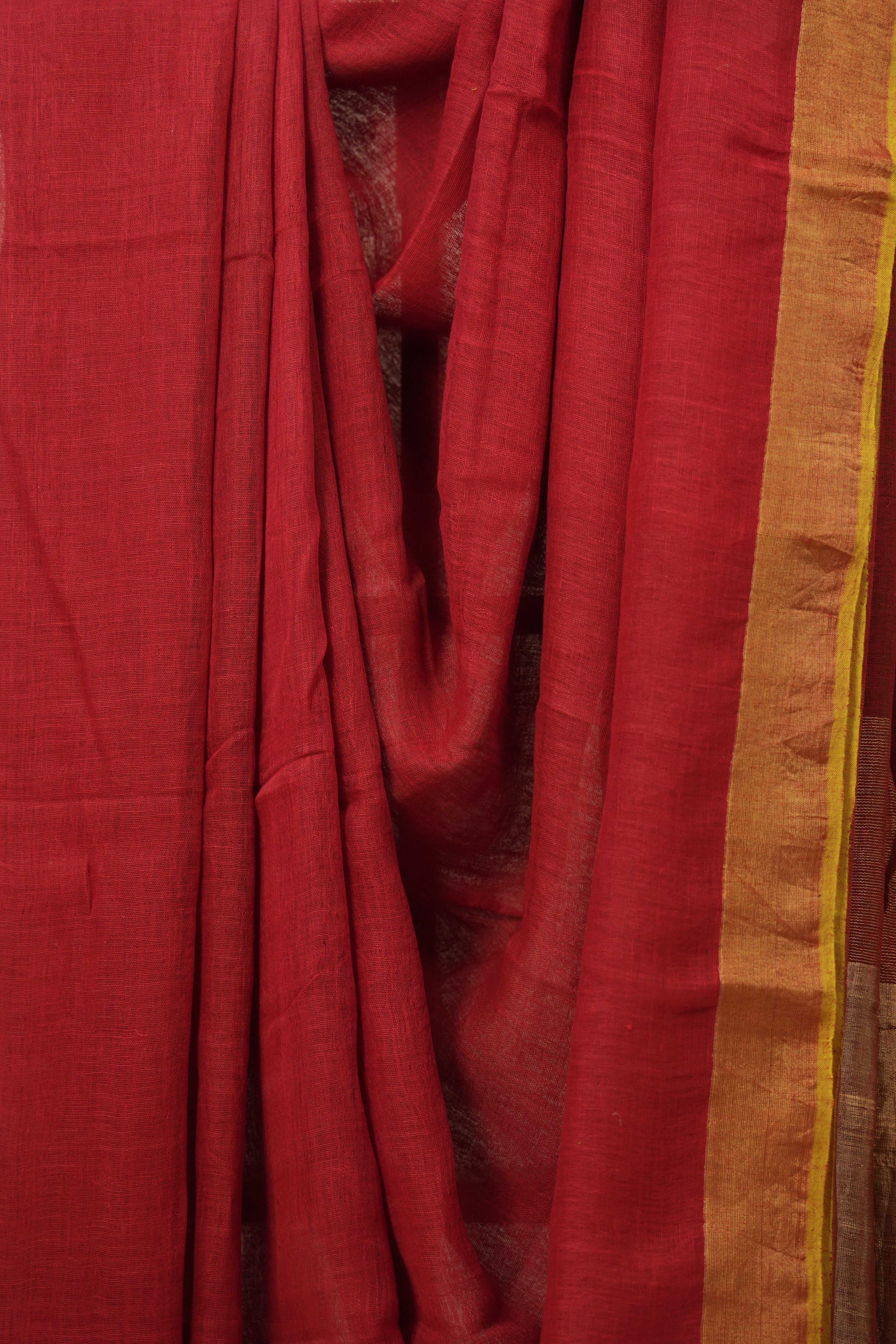 Red Plain Linen Saree With Green Tassels - SRRPLS526