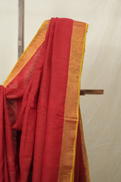 Red Plain Linen Saree With Green Tassels - SRRPLS526