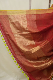 Red Plain Linen Saree With Green Tassels - SRRPLS526