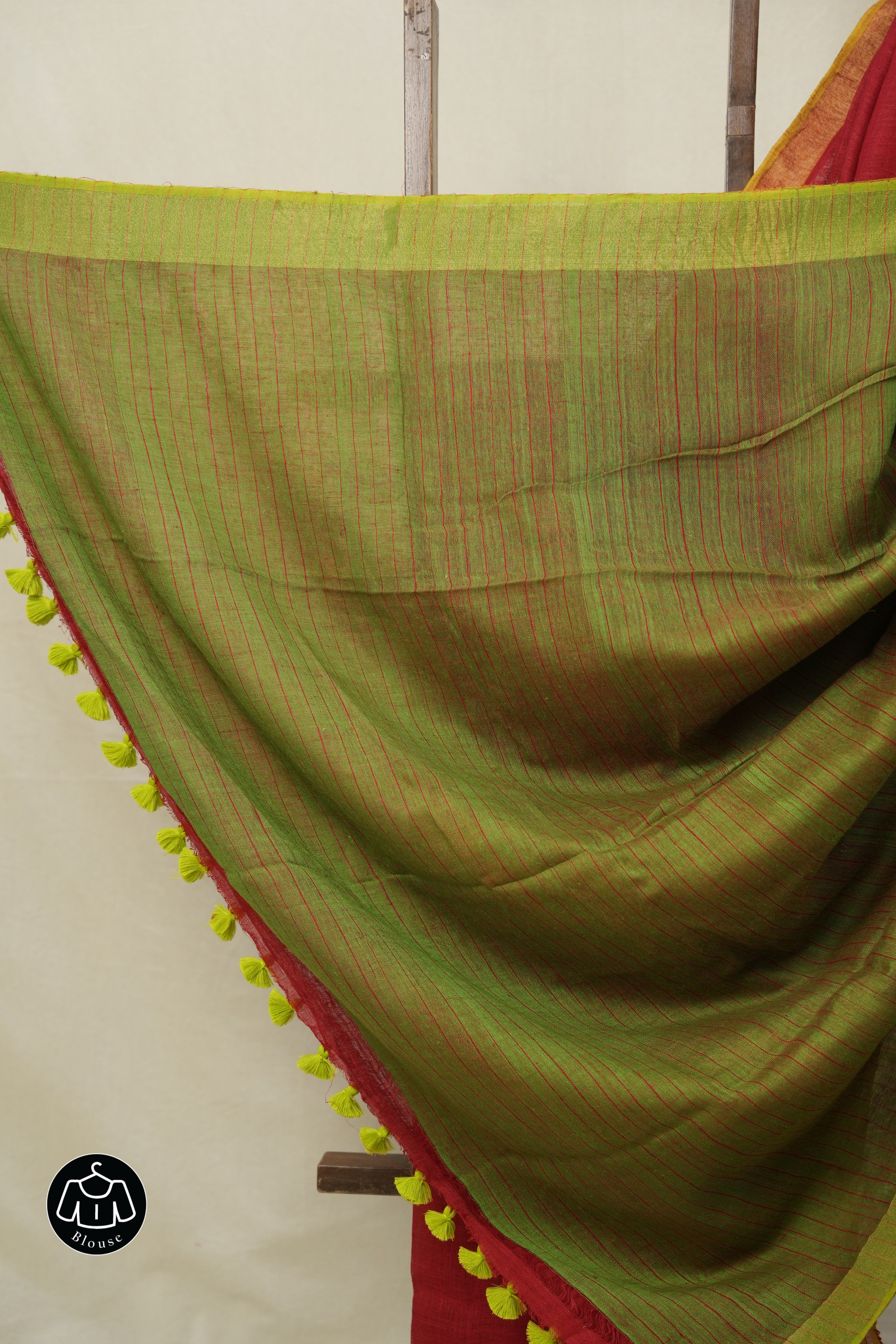Red Plain Linen Saree With Neon Green Tassels - SRRPLS476
