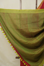 Red Plain Linen Saree With Green Tassels - SRRPLS526