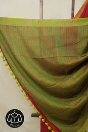 Red Plain Linen Saree With Green Tassels - SRRPLS526