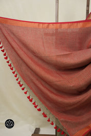 Sage Green Plain Linen Saree With Red Tassels - SRSGPLS475
