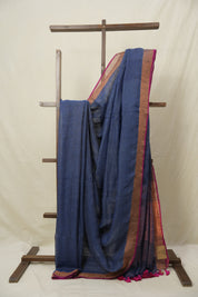 Dark Blue Grey Plain Linen Saree With Magenta Tassels - SRDBGPLS474
