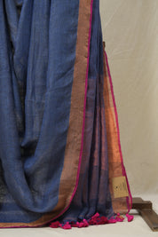 Dark Blue Grey Plain Linen Saree With Magenta Tassels - SRDBGPLS474