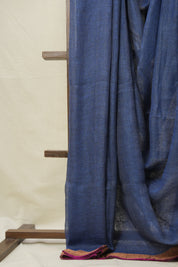 Dark Blue Grey Plain Linen Saree With Magenta Tassels - SRDBGPLS474