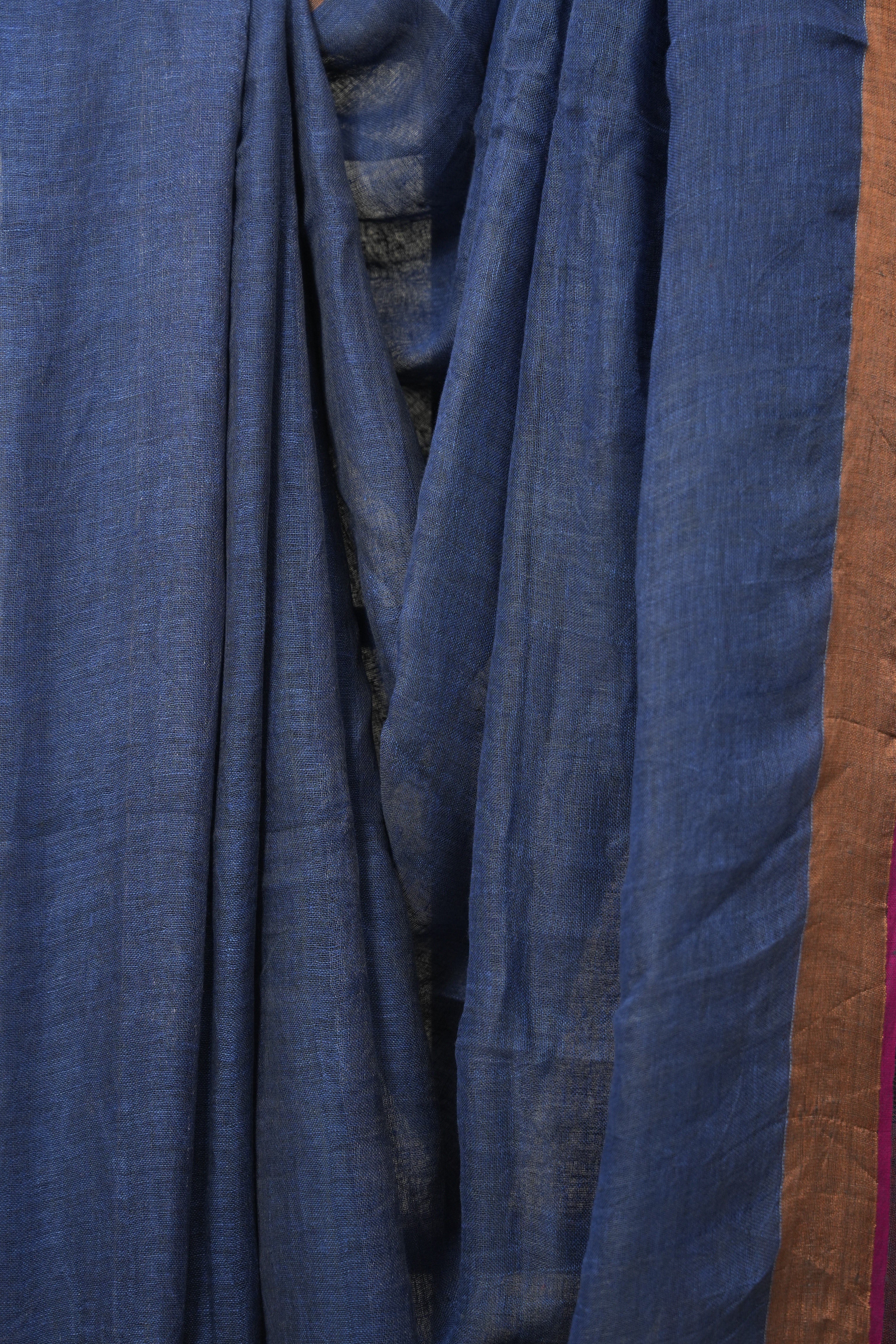 Dark Blue Grey Plain Linen Saree With Magenta Tassels - SRDBGPLS474
