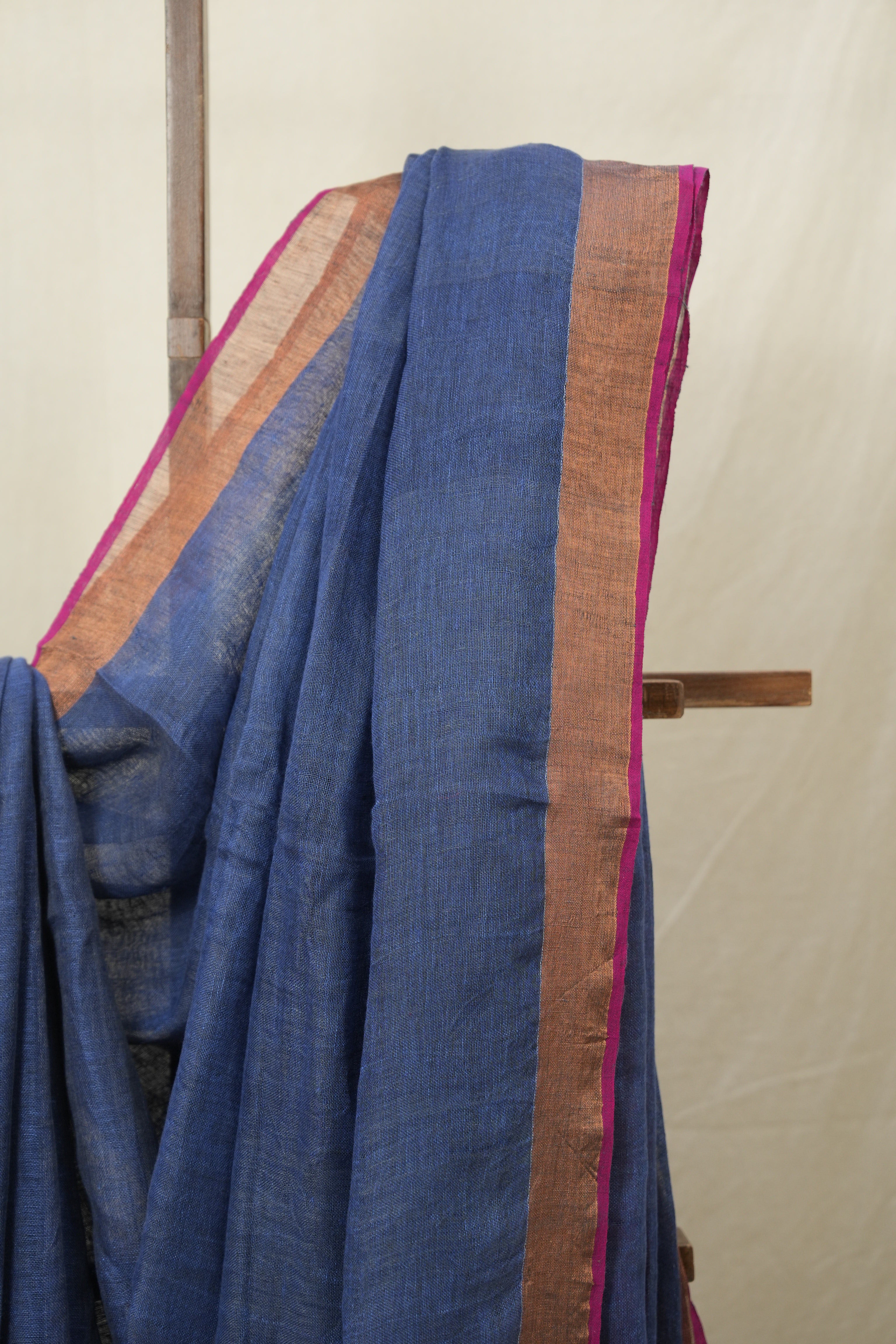 Dark Blue Grey Plain Linen Saree With Magenta Tassels - SRDBGPLS474