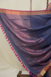 Dark Blue Grey Plain Linen Saree With Magenta Tassels - SRDBGPLS474