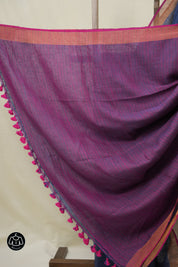Dark Blue Grey Plain Linen Saree With Magenta Tassels - SRDBGPLS474