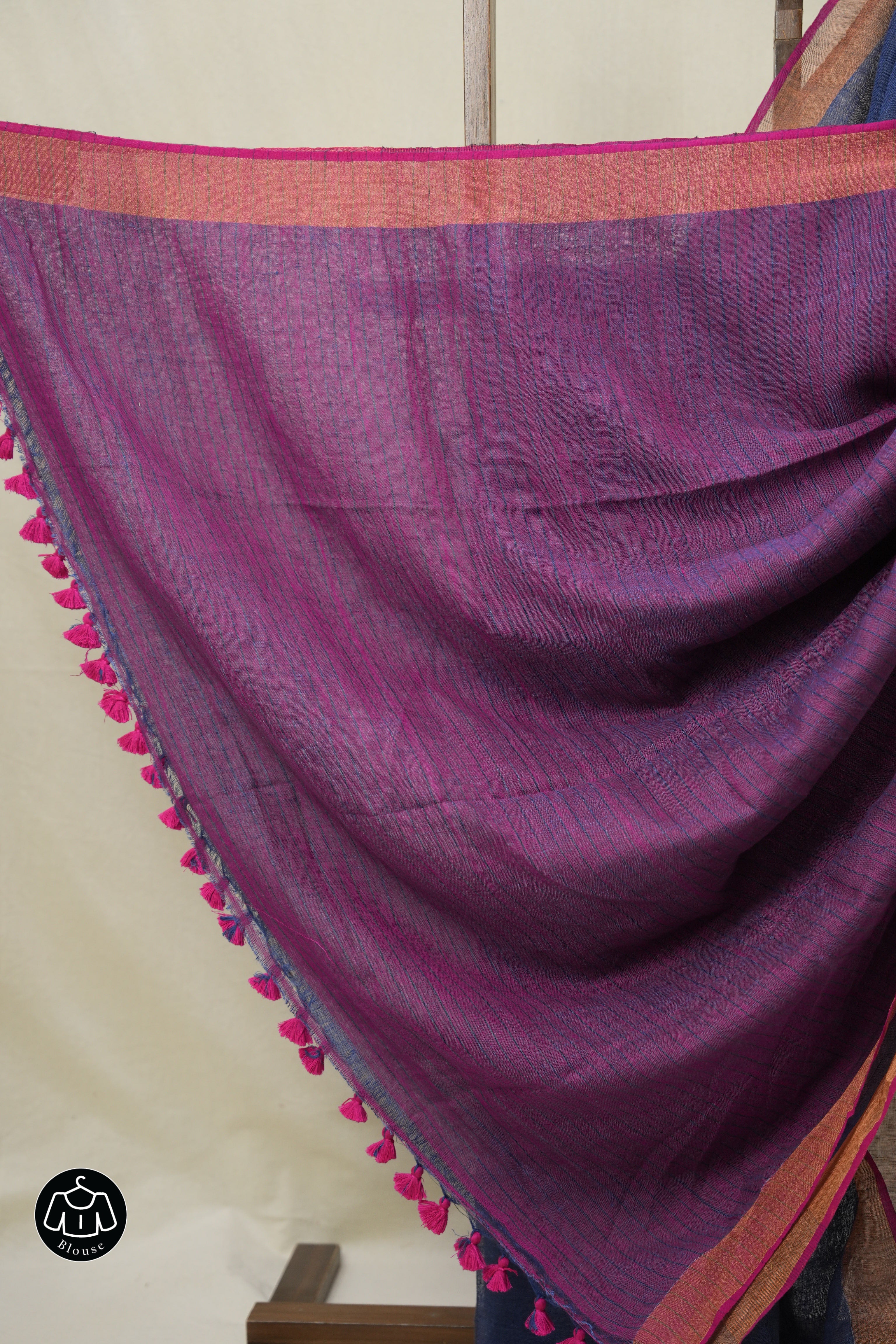Dark Blue Grey Plain Linen Saree With Magenta Tassels - SRDBGPLS474